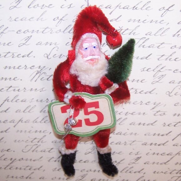 OOAK Christmas Chenille Ornament - Santa Claus Carrying Tree and Bells - Picture 4 of 5